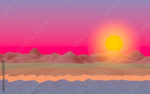 Sun Sea Beach. Sunset. Ocean shore line with waves on a beach. Island beach paradise with waves. Vacation  summer  relaxation. Seascape  seashore. Minimalist landscape  primitivism. 3D illustration