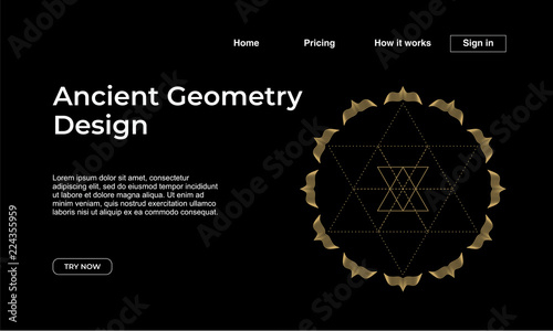 Ancient geometry landing page template with golden abstract mandala geometric background. Vector illustration eps 10.
