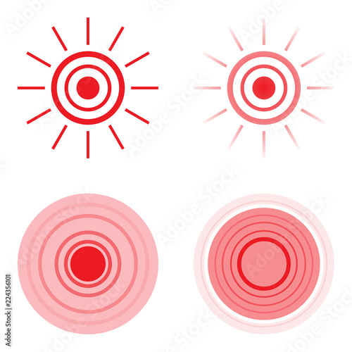 Set of pain red circle or localization mark, aching place sign. Abstract vector symbol of the disease focus.