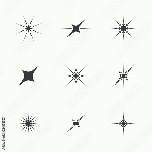 Vector set of sparkle lights stars. Stars with rays, explosion, fireworks.