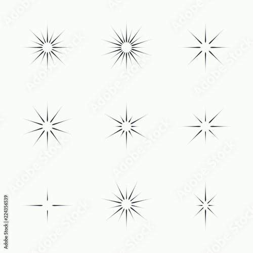 Vector set of sparkle lights stars. Stars with rays, explosion, fireworks.
