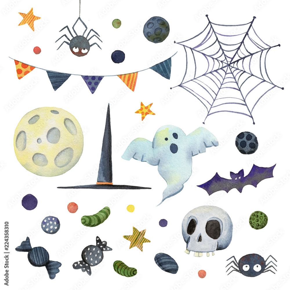 Watercolor Halloween set. candy, Ghost, hat, moon, spiders, web, skull, jewelry