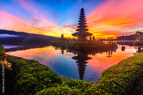 Ulun Danu temple at Beratan Lake where is the landmark of Bali in Indonesia