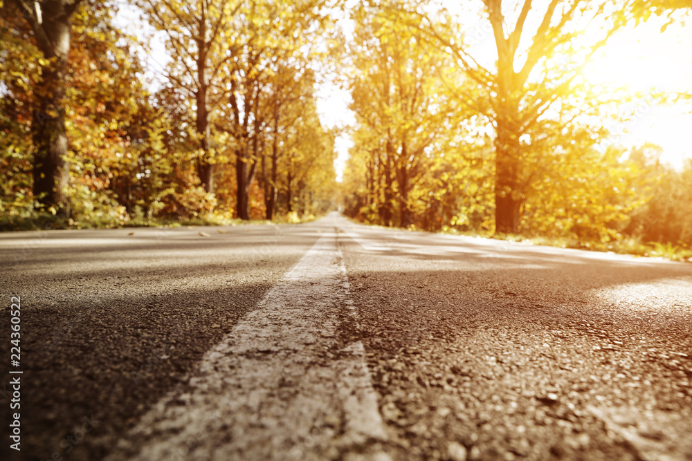 Obraz premium Autumn road background and sunset time. 