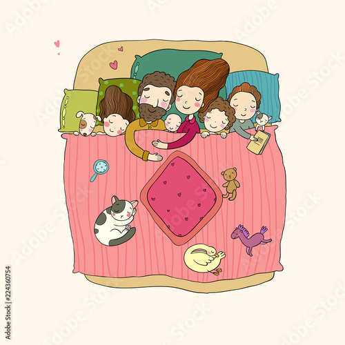 The family sleeps in bed. Cartoon mom, dad and babies.