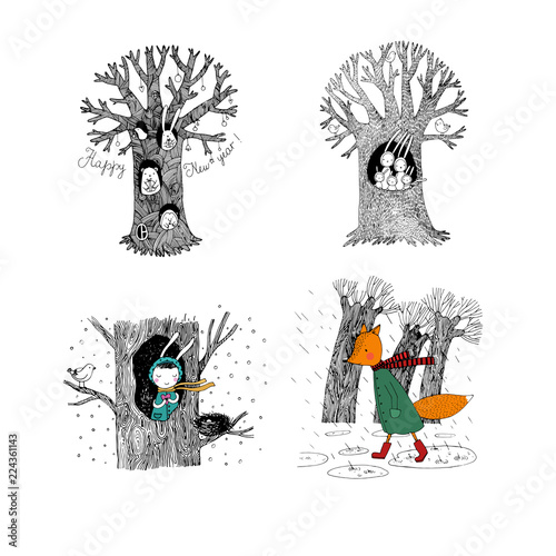set with magic trees. Fairy forest. Hand drawing isolated objects on white background.