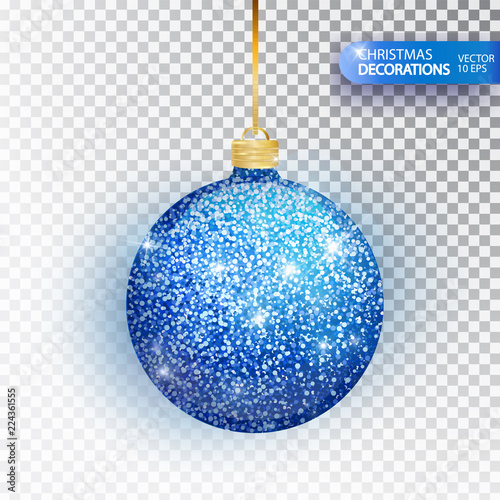 Christmas bauble blue glitter isolated on white. Sparkling glitter texture bal, holiday decoration. Stocking Christmas decorations. Blue hanging bauble. Vector illustration