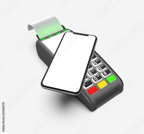 Payment terminal isolated on white background. Top view smartphone and terminal.