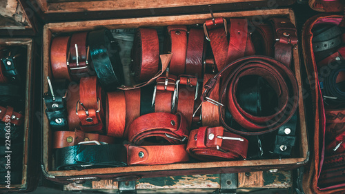Leather items at a flea market