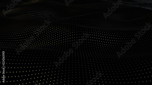 Animation background of particles on surface with waves. Looped seamless animation of perspective glimmering surface.