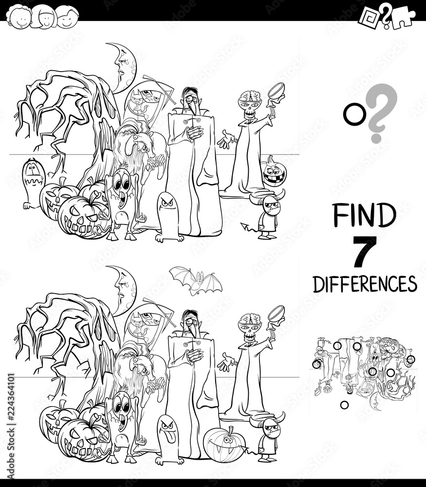 differences game with Halloween characters coloring book