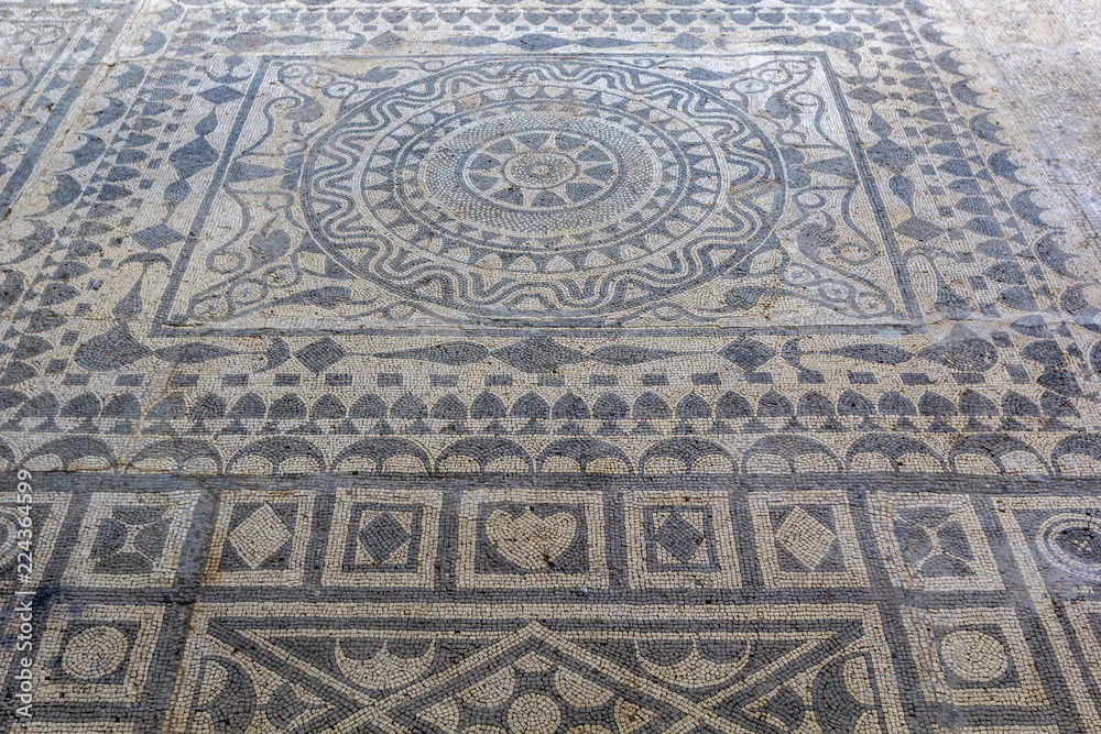 Floor mosaic of colored stones in villa Roman mosaics in Risan, Risana, Boca-kotor bay, Montenegro