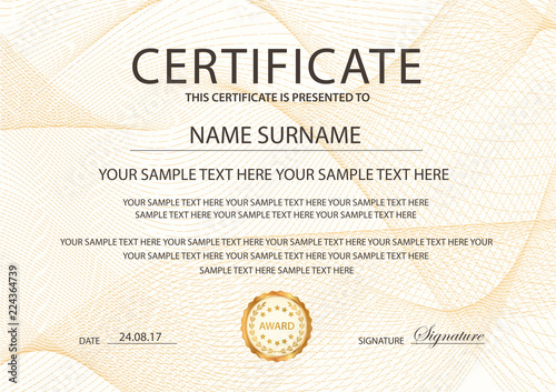Certificate template with Guilloche pattern, frame border. Design for Diploma, certificate of appreciation, certificate of achievement, certificate of completion, of excellence, of attendance, award
