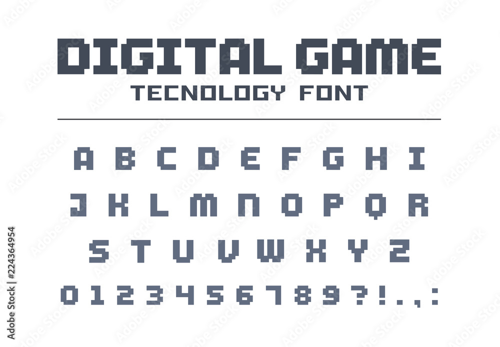 Digital game technology font. Geometric, futuristic, techno alphabet. Retro letters and numbers