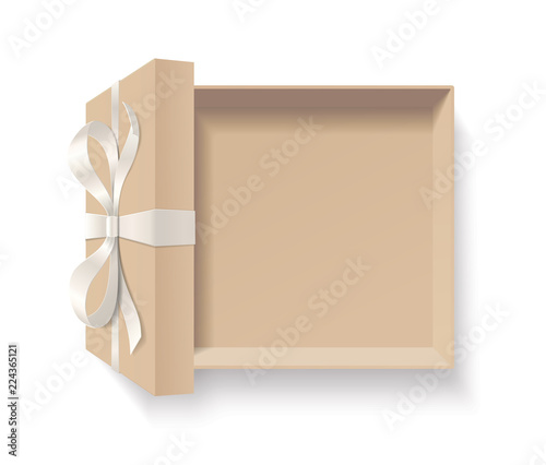 Empty open kraft gift box with silver color bow knot, ribbon isolated on white background. Happy birthday, Christmas, New Year, Wedding, Valentine Day package concept. Vector illustration 3d top view