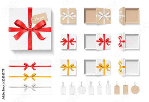 Empty open craft gift box, red color bow knot, ribbon and tag set isolated on white background. Happy birthday, Christmas, Wedding, Valentine Day package concept. Vector illustration 3d top view