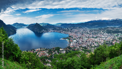 Lugano, Switzerland, May 12, 2018. Panoramic sight from Monte Brè Mountain. photo