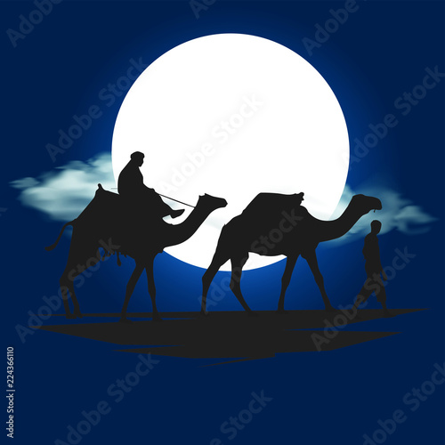 Travelers on camels under the moon