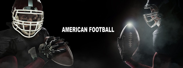 Sport concept. American football sportsman player in profile and front on black background with copy space. Sport concept.