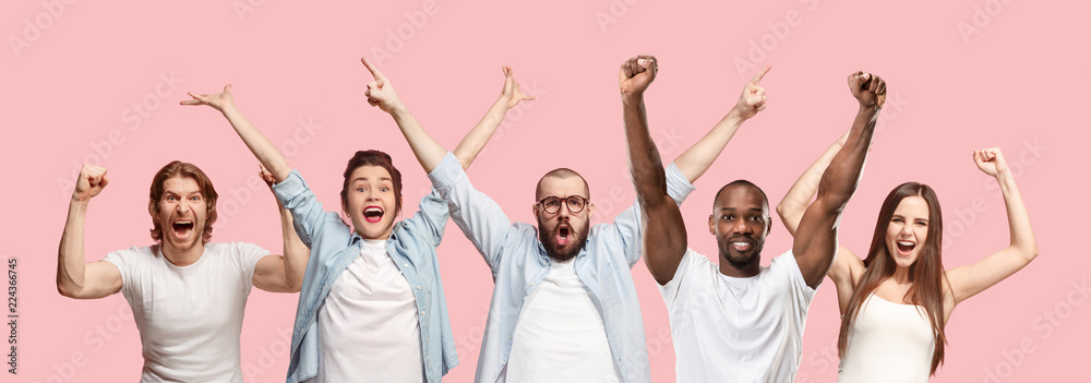 Obraz premium Collage of winning success happy men and women celebrating being a winner. Dynamic image of caucasian male and female models on blue studio background. Victory, delight concept. Human facial emotions