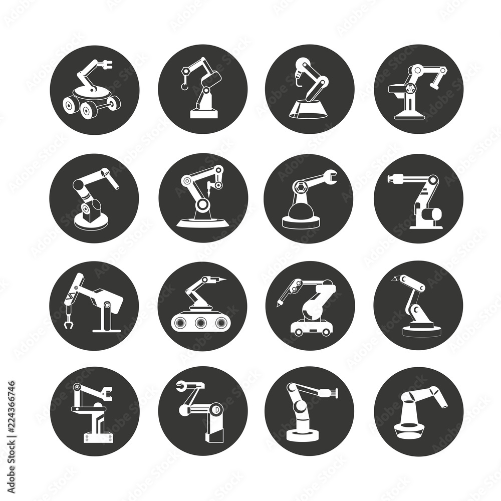 industrial robot icon set in circle buttons