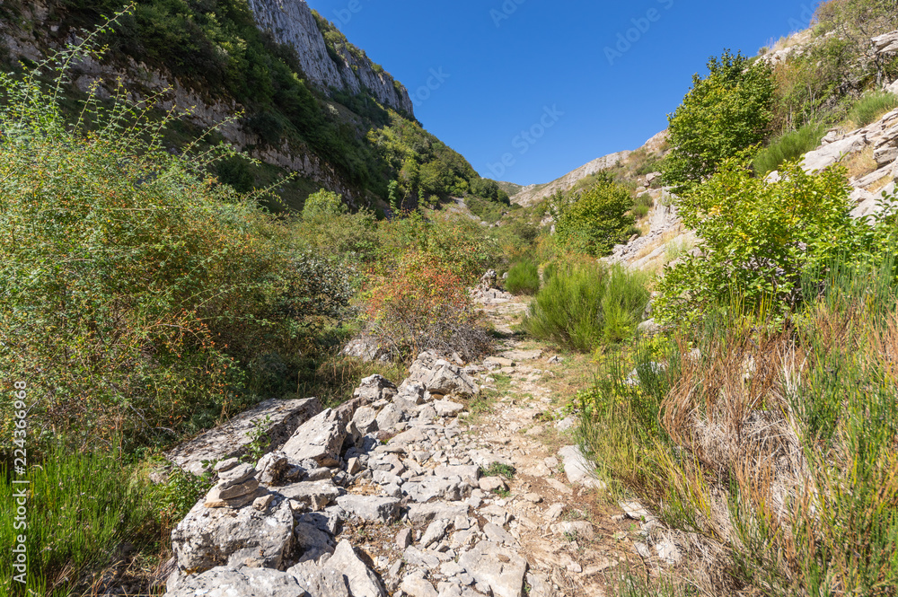 Narrow path between the mountain in the north of Leon (Spain), with the sun on top creating a fantastic effect of flare.