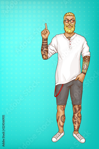 Vector pop art blonde haired man with beard, earring in white shirt, gray shorts and glasses. Guy with tattoos points with finger at sales, discounts. Character isolated on blue background for poster