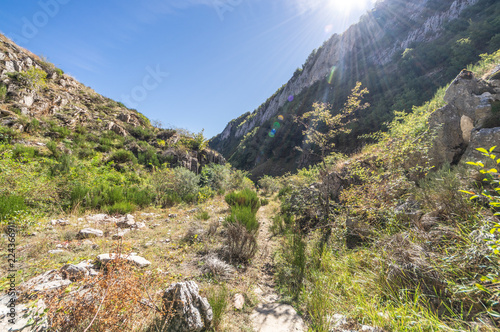 Photo of a narrow path between the mountain of Leon  Spain   with the sun on top creating a dramatic effect of flare