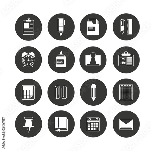 office supply icon set in circle buttons