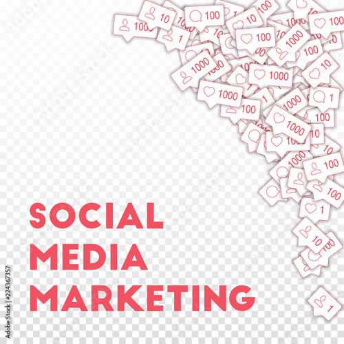 Social media icons. Social media marketing concept. Falling counter comment friend notification. Top