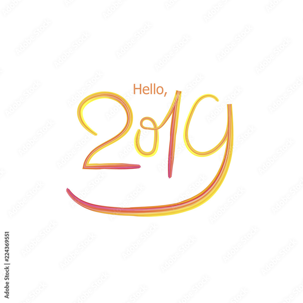 Naklejka premium Vector Hello, 2019 Lettering, Paint Texture Brush Stroke, Isolated on White Background.