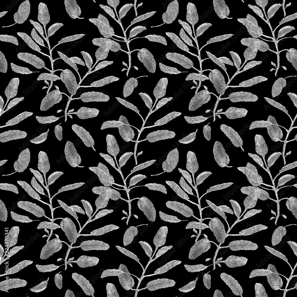 Salvia officinalis or garden sage. Sage branch seamless surface pattern isolated on black background. Monochrome watercolor illustration Salvia officinalis or garden sage. Sage branch seamless surface pattern isolated on black background. Monochrome watercolor illustration