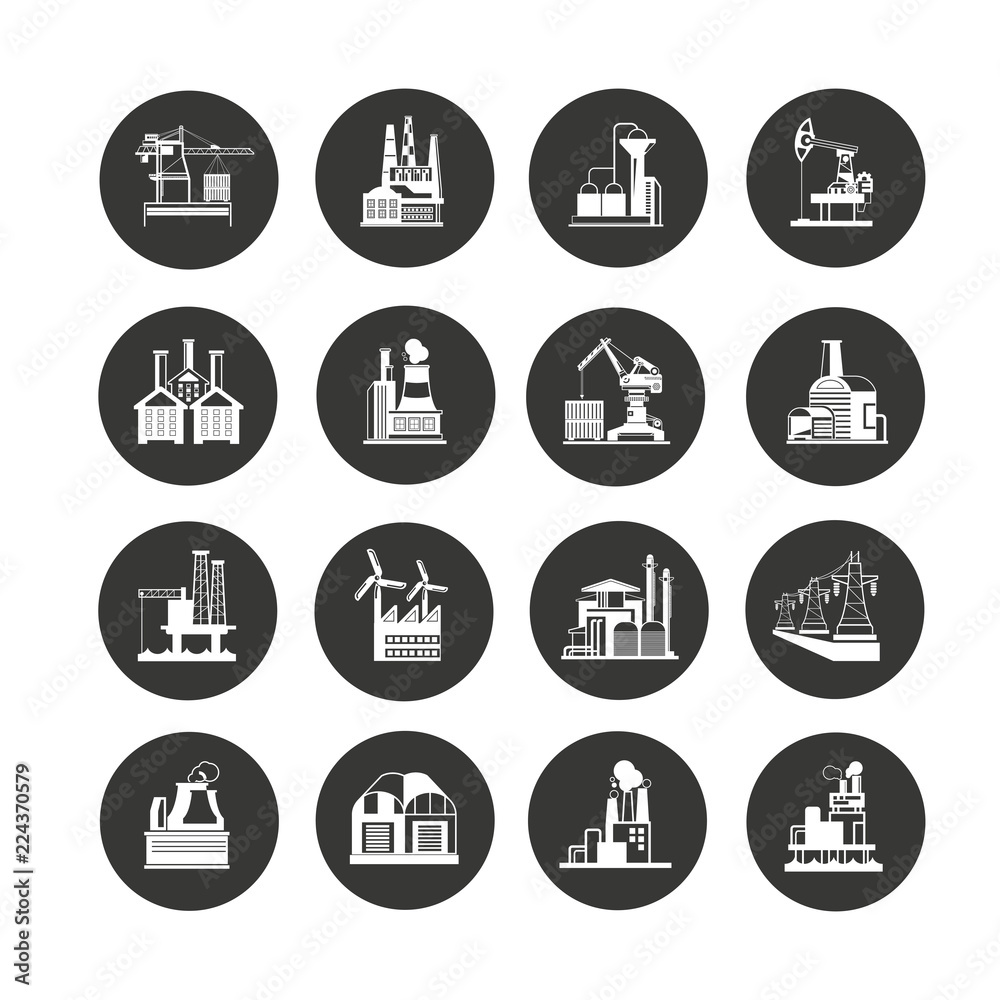 industrial building icon set in circle buttons