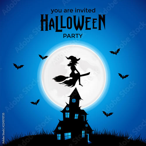 halloween invitation template with witch fly at the night with full moon with silhouette house 