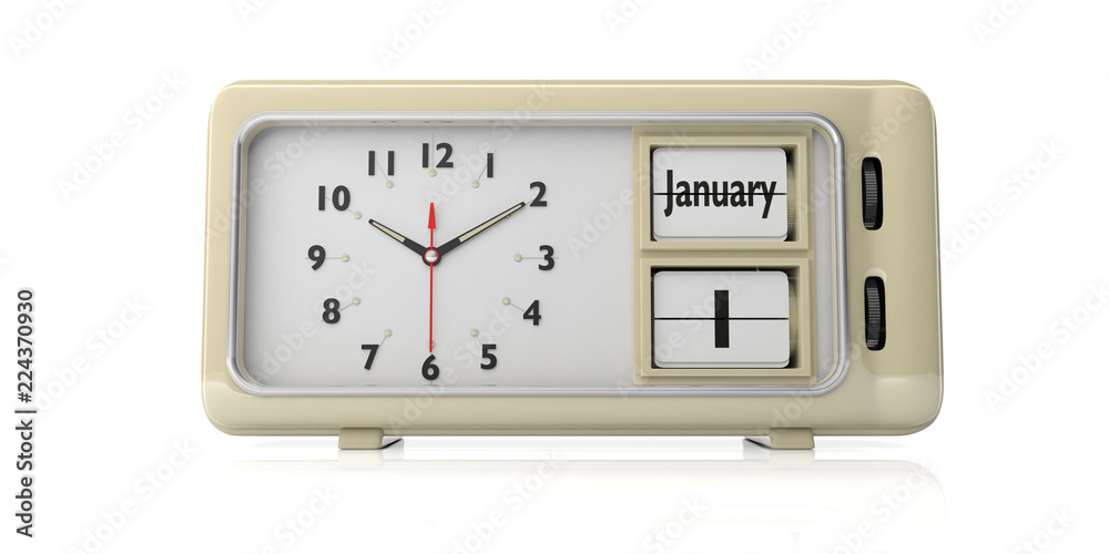 Retro alarm clock with date January1st isolated on white background. 3d illustration Retro alarm clock with date January1st isolated on white background. 3d illustration
