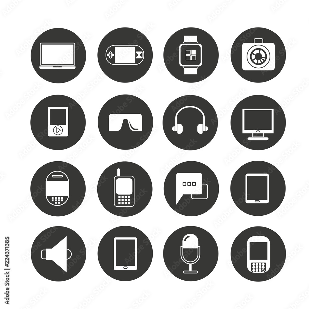 electronic device icon set in circle buttons