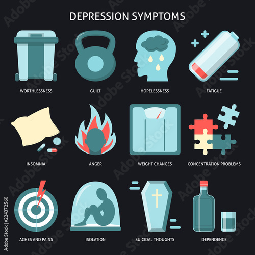 Set of depression symptoms icons in flat style