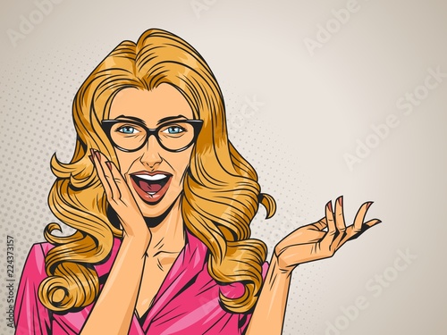 Pop art surprised blonde hair woman