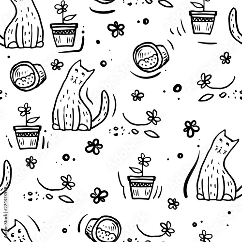 Simple doodle cat with broken flowerpot seamless pattern, vector