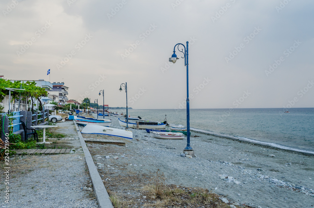 Leptokarya, Greece - June 10, 2018: Beach at sea in Leptokarya, Greece