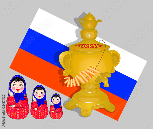 Russia. Samovar with kettle, matryoshka