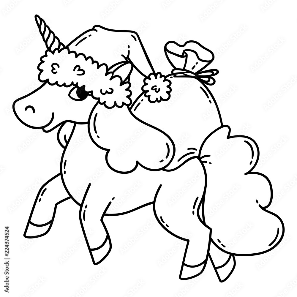 Christmas unicorn with a santa hat and a bag of gifts. Christmas unicorn with a santa hat and a bag of gifts.