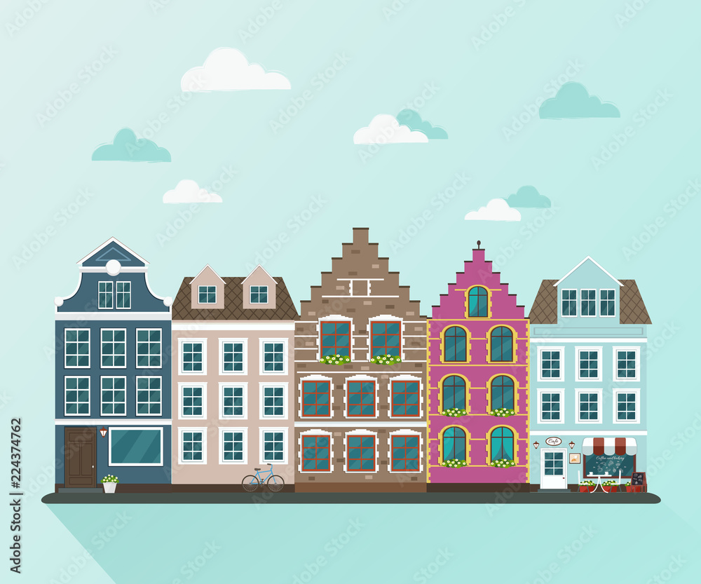 European town. Vector flat illustration