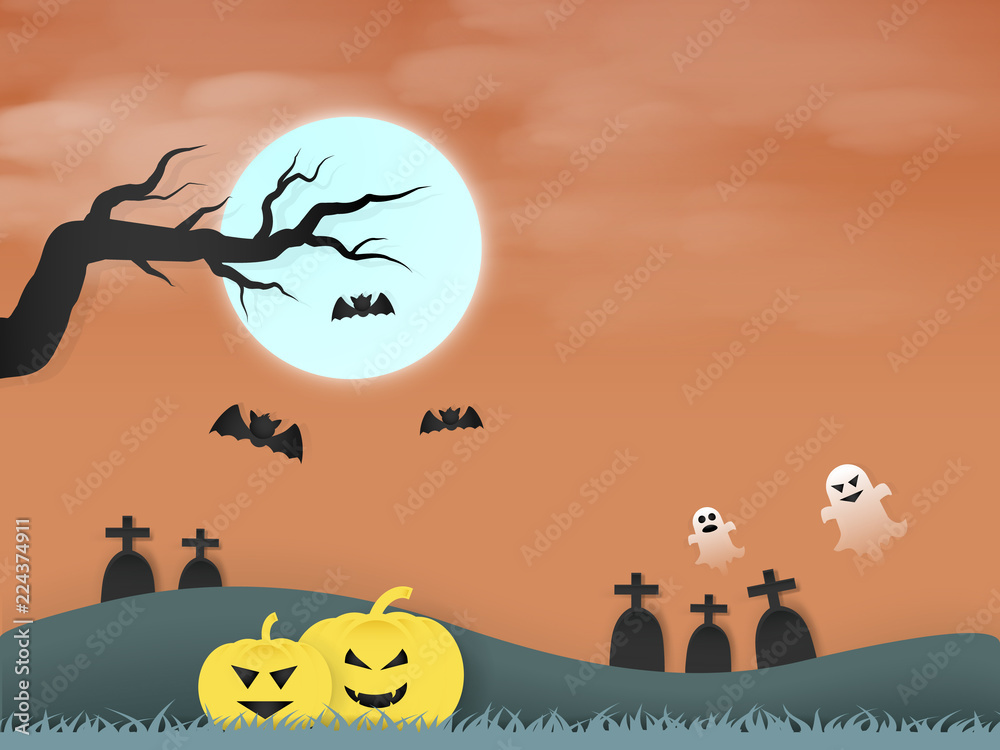 halloween day, there are many pumpkins and graves in meadowherd of bats beautiful and full moon