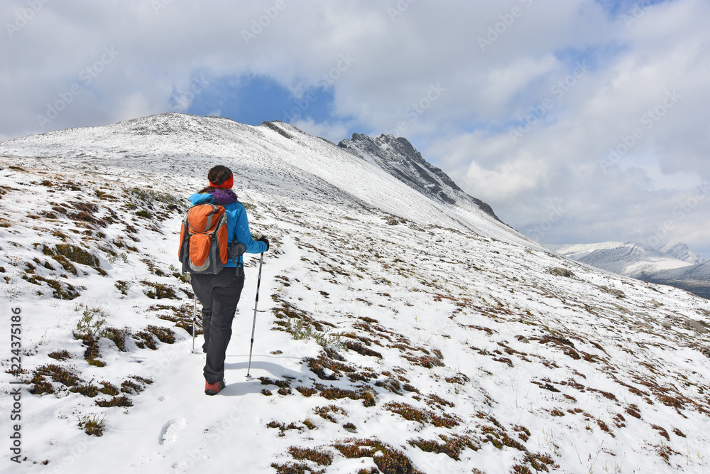 Female hiker with backpack and hiking poles walking in a snow-covered landscape at Mount Wilcox in Jasper National Park. Alberta, Canada.