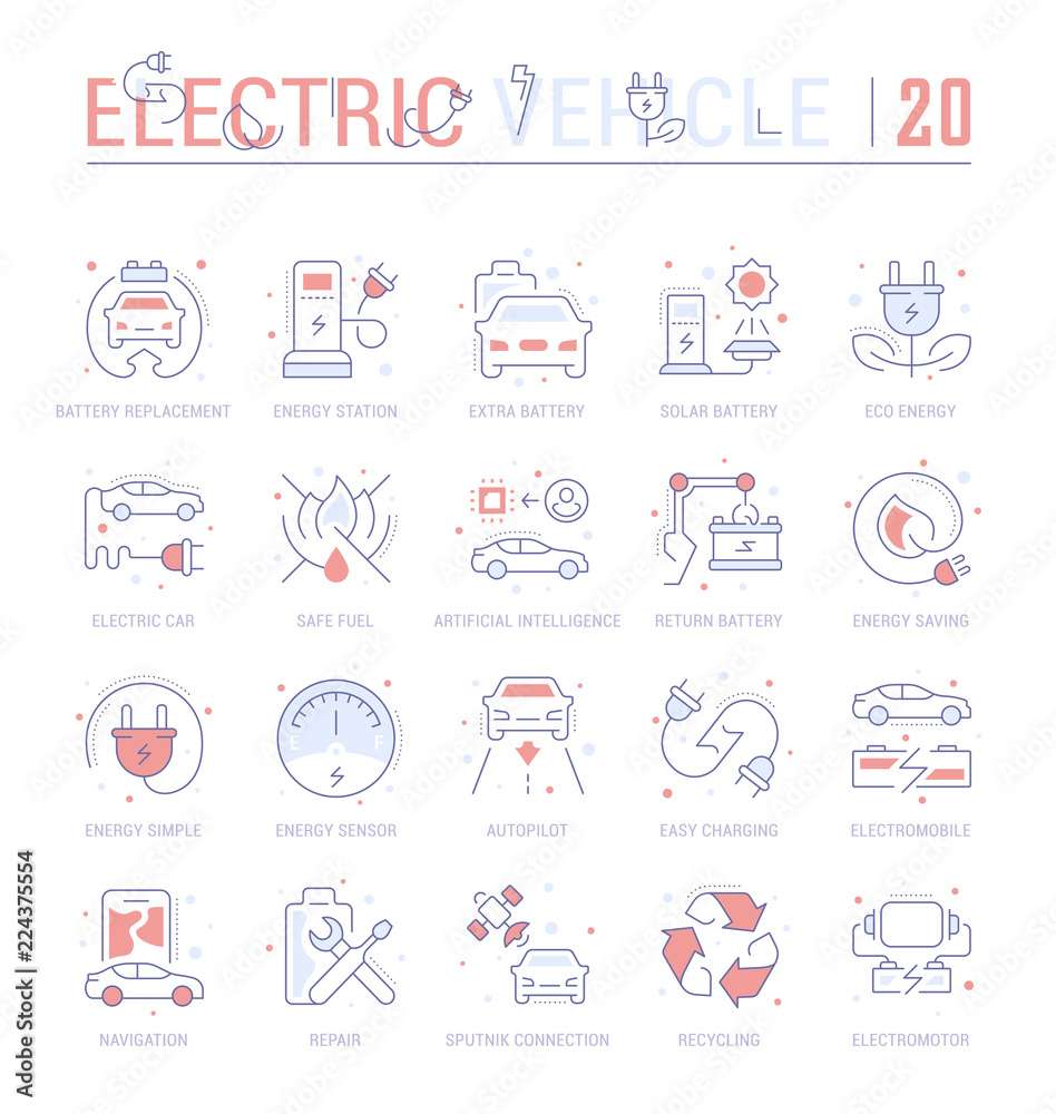 Set Blue Line Icons of Electric Vehicle. Set Blue Line Icons of Electric Vehicle.