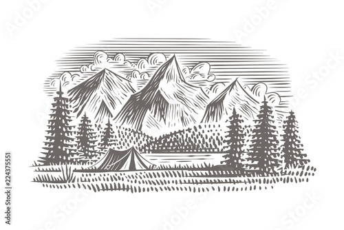 Travel/camping landscape illustration with forest, mountains and lake and tent. Vector, isolated, layered.  