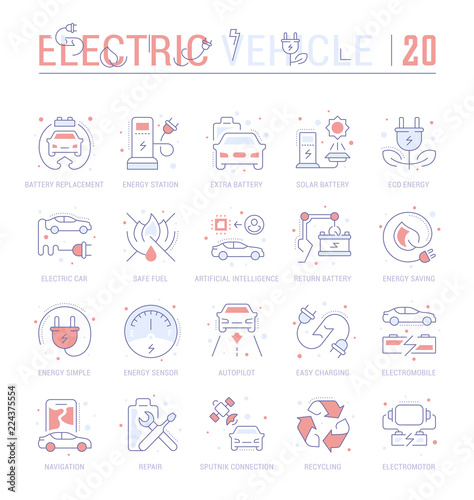 Set Blue Line Icons of Electric Vehicle.