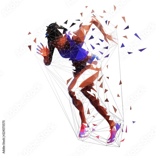 Running woman, low polygonal athlete. Isolated vector illustration, side view. Sprinting african american woman