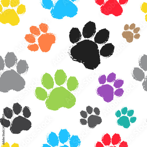 Seamless pattern with colorful silhouette animal paw track on white background. Vector illustration